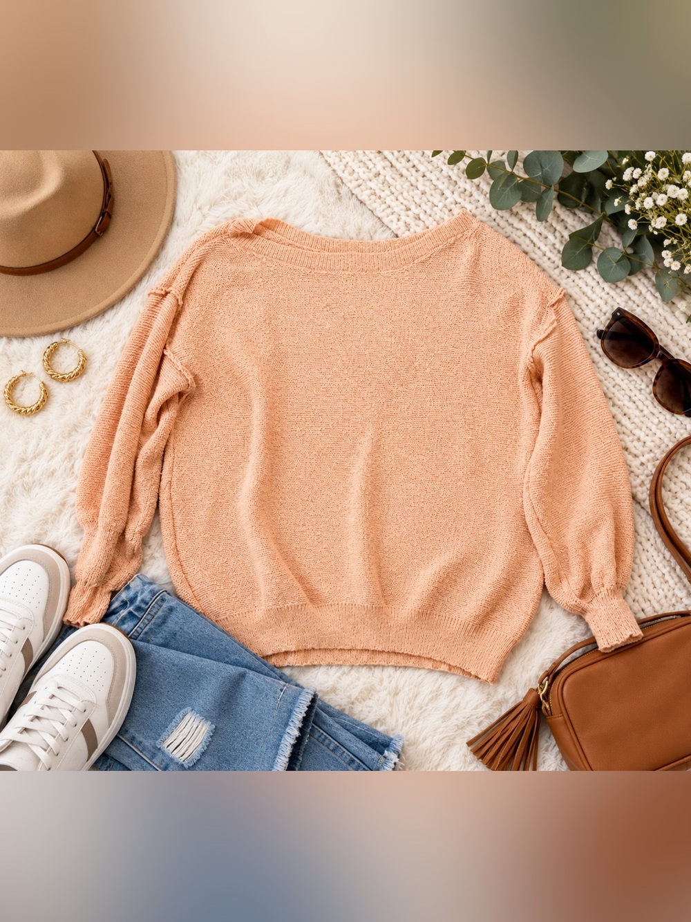 Listicle Peach Lightweight Knit Sweater Women’s Large Balloon Sleeve Boho